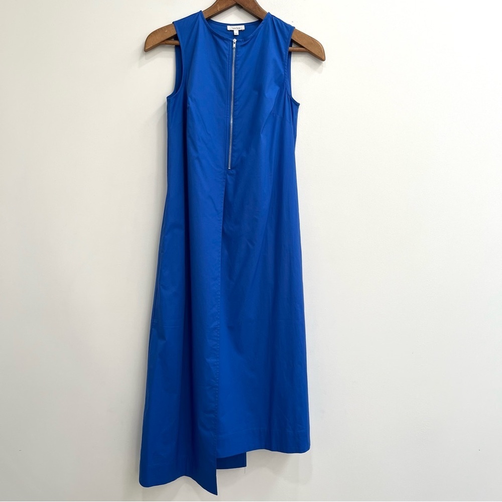 Tyler Boe cobalt blue sleeveless asymmetrical midi dress exposed front zipper XS